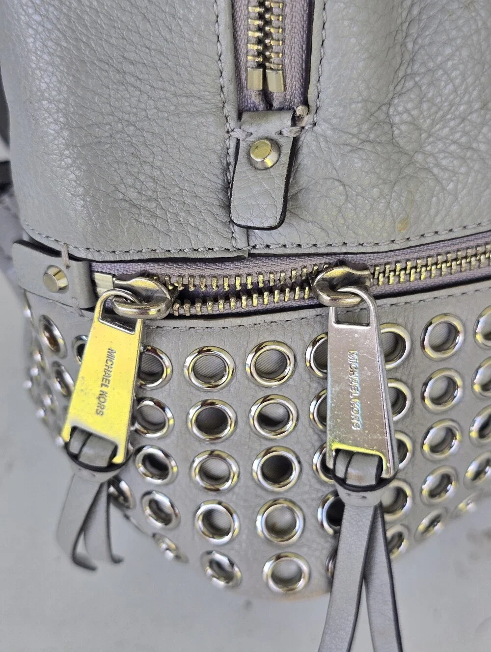 Michael Kors Gray Leather Grommet Studded Backpack Silver Hardware 12x13